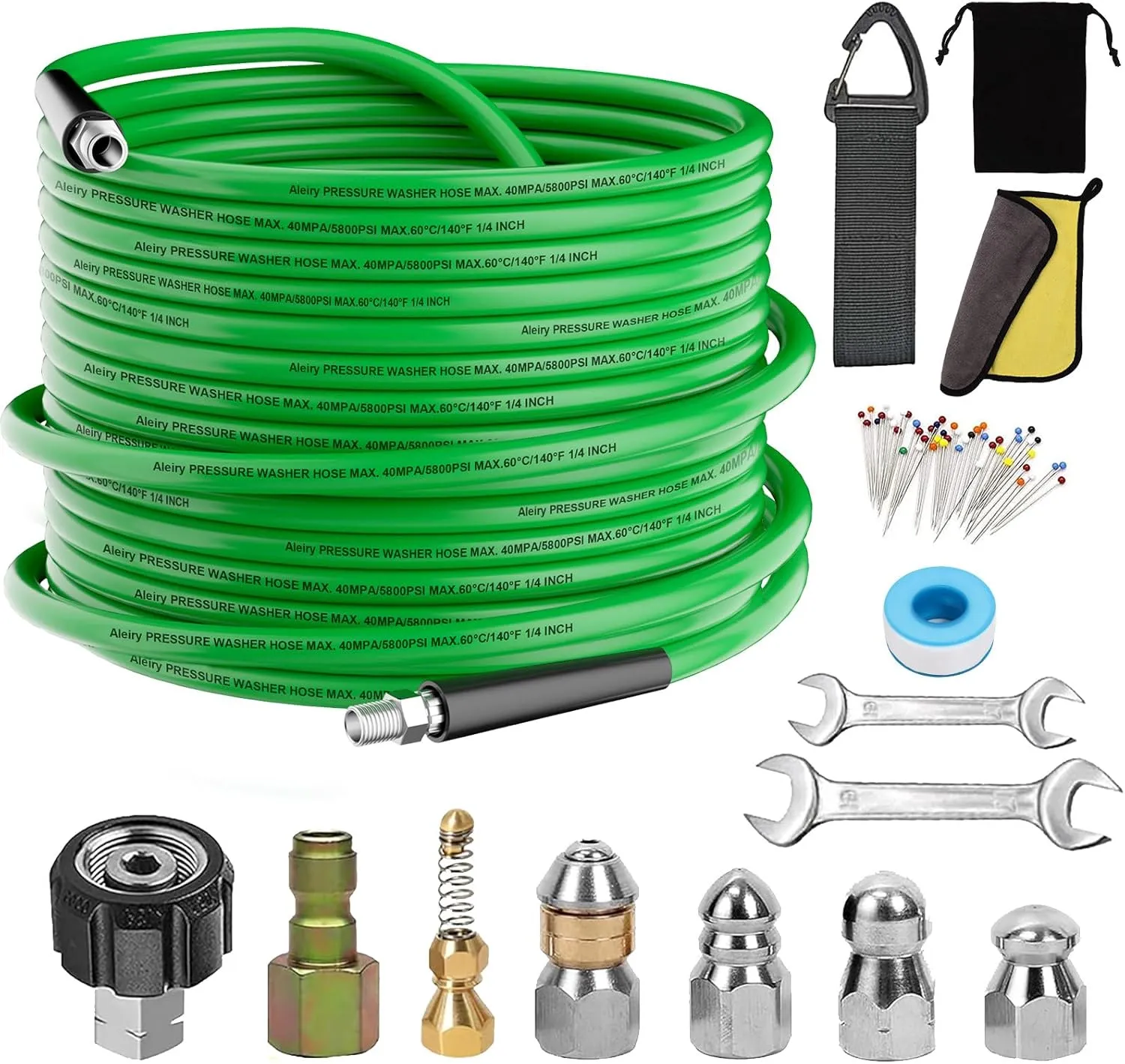 Sewer Jetter Kit for Pressure Washer,Water Jet Drain Cleaning Hose with Corner Rotating Button Spring Nose 1/4" NPT Sewer Cleaning Tool High-Pressure Nozzles,5800 PSI 50 FT