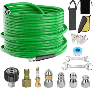 Sewer Jetter Kit for Pressure Washer,Water Jet Drain Cleaning Hose with Corner Rotating Button Spring Nose 1/4" NPT Sewer Cleaning Tool High-Pressure Nozzles,5800 PSI 50 FT