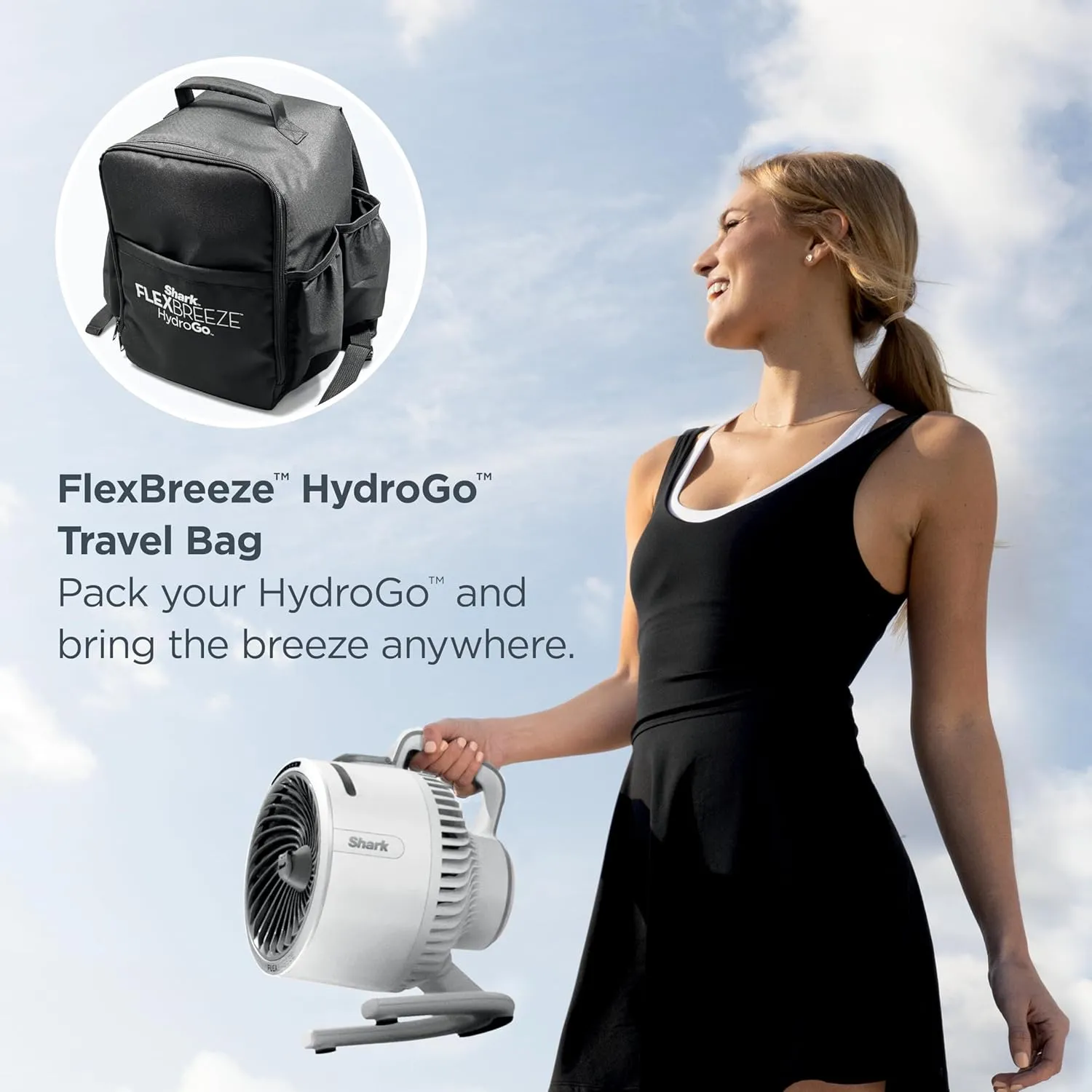 Shark FlexBreeze HydroGo Fan & Travel Bag — Ultra-powerful portable fan with indoor   outdoor evaporative mist, Up to 70 feet of reach, corded & cordless, up to 12-hr. battery, White, FA053BRN