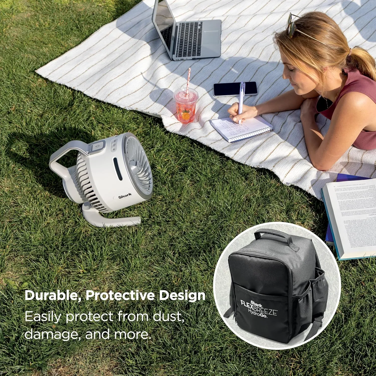 Shark FlexBreeze HydroGo Fan & Travel Bag — Ultra-powerful portable fan with indoor   outdoor evaporative mist, Up to 70 feet of reach, corded & cordless, up to 12-hr. battery, White, FA053BRN