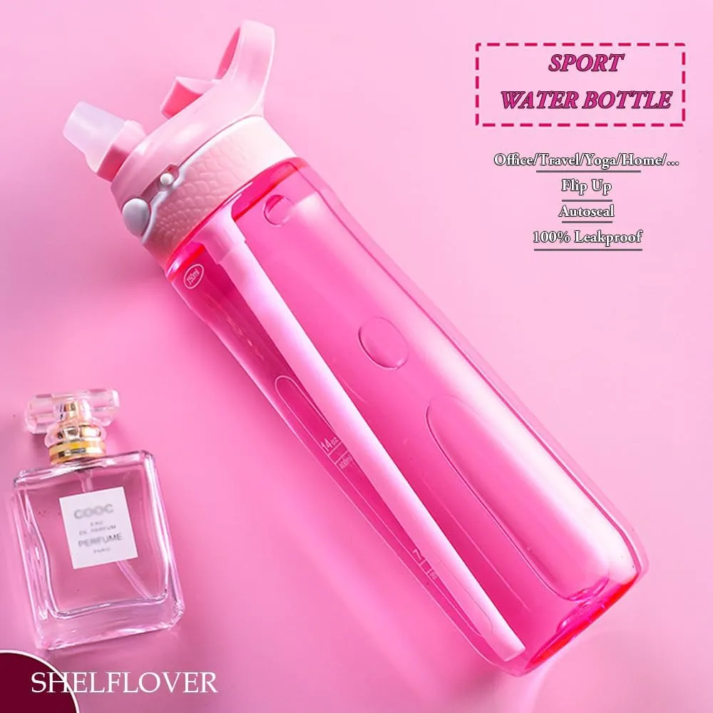 SHELFLOVER Pink Water Bottle With Narrow Straw, BPA FREE Clear Bottles With Handle One Hand Use Easy Carried, Flip Up, Suit School, Office, Gym, Office For Women 24oz (750ml)