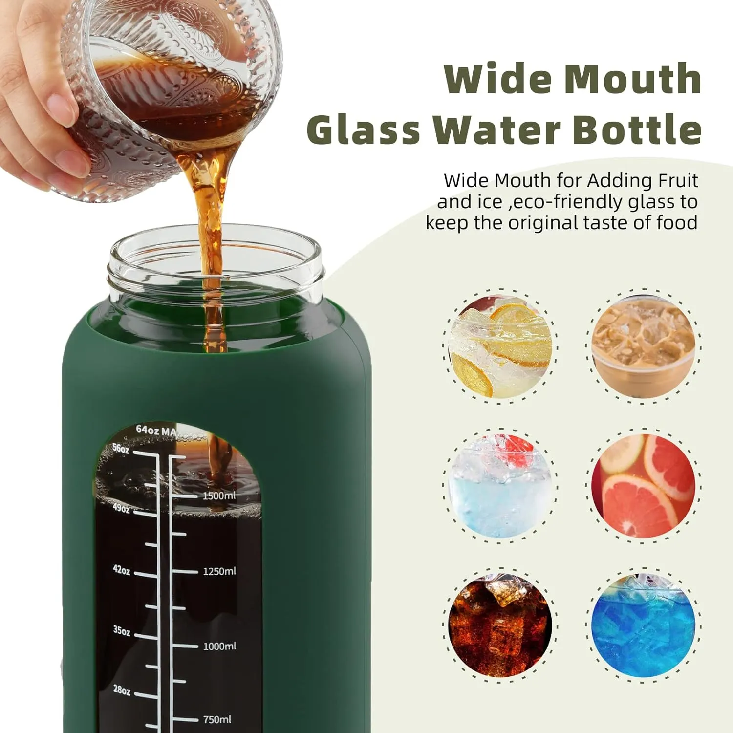 SIEROZUR 74oz Glass Water Bottle with Straw and Lid Large Gallon Water Jug with Silicone Sleeve and Handle 2.2 liter Wide Mouth Bottle with Time Marker for Gym Sports& Workout