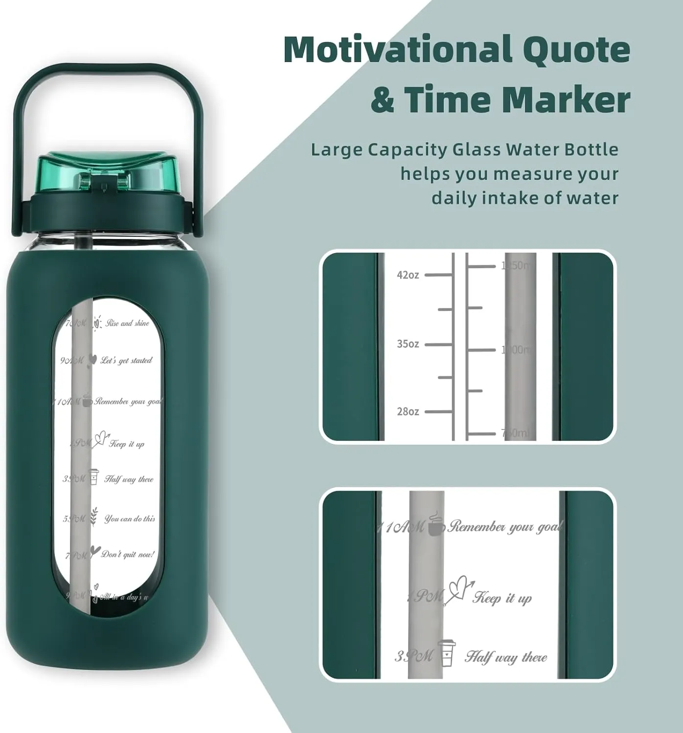 SIEROZUR 74oz Glass Water Bottle with Straw and Lid Large Gallon Water Jug with Silicone Sleeve and Handle 2.2 liter Wide Mouth Bottle with Time Marker for Gym Sports& Workout