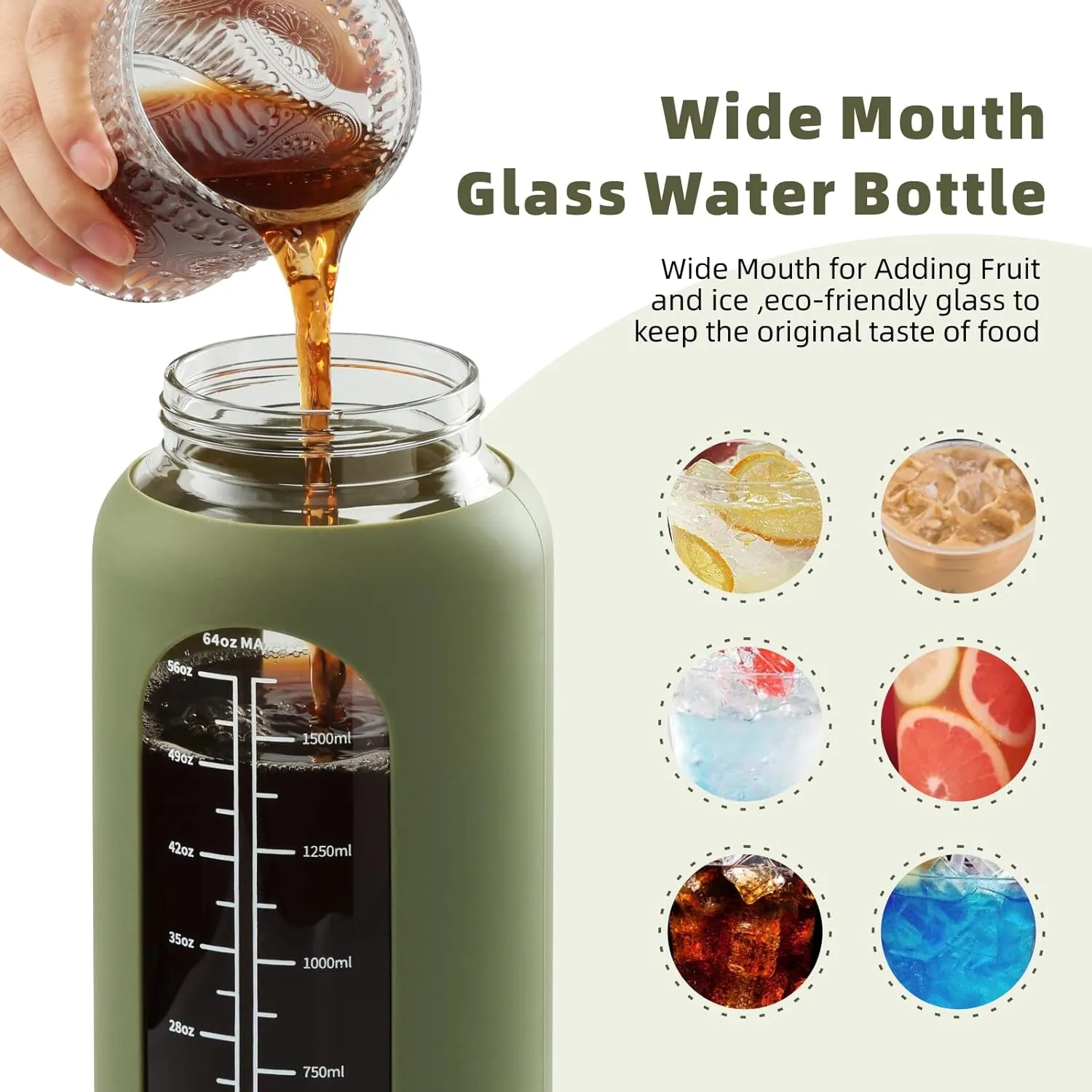 SIEROZUR 74oz Glass Water Bottle with Straw and Lid Large Gallon Water Jug with Silicone Sleeve and Handle 2.2 liter Wide Mouth Bottle with Time Marker for Gym Sports& Workout