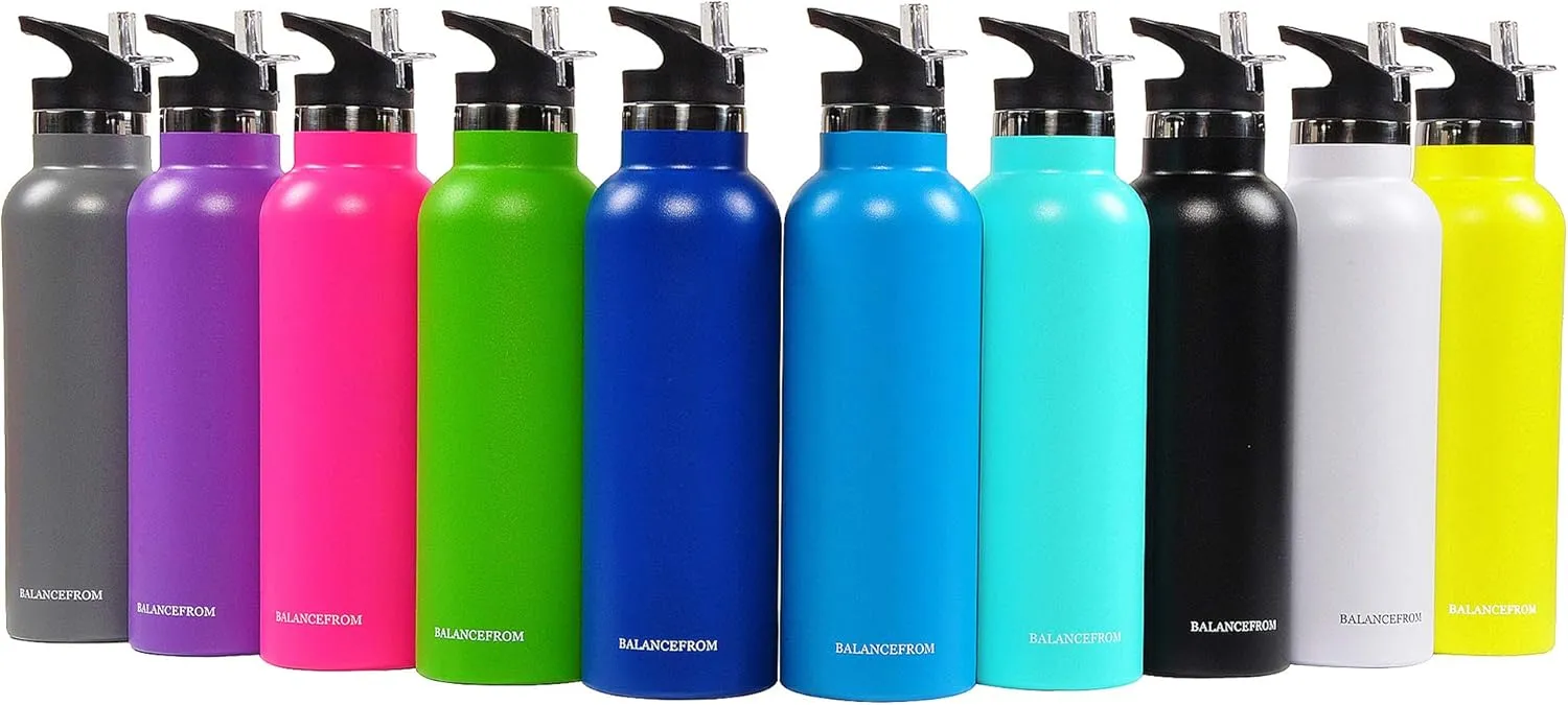 Signature Fitness Double-Wall Vacuum Insulated Stainless Steel Water Bottle, 3 Caps Included, Multiple Colors and Sizes