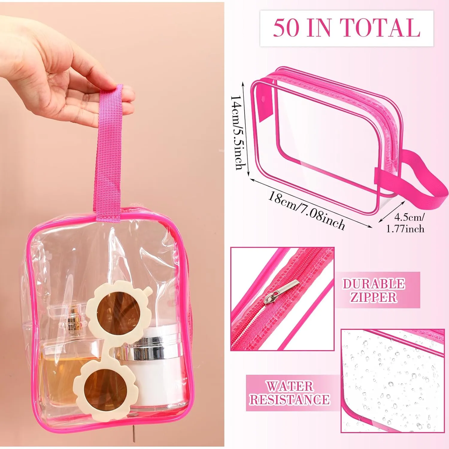 Silkfly Clear Toiletry Bag PVC Travel Cosmetic Bag with Handle Strap Makeup Pouch with Zipper Summer Vacation Salon Graduation Gift End of the Year Gifts(Bright Color,50 Pack)