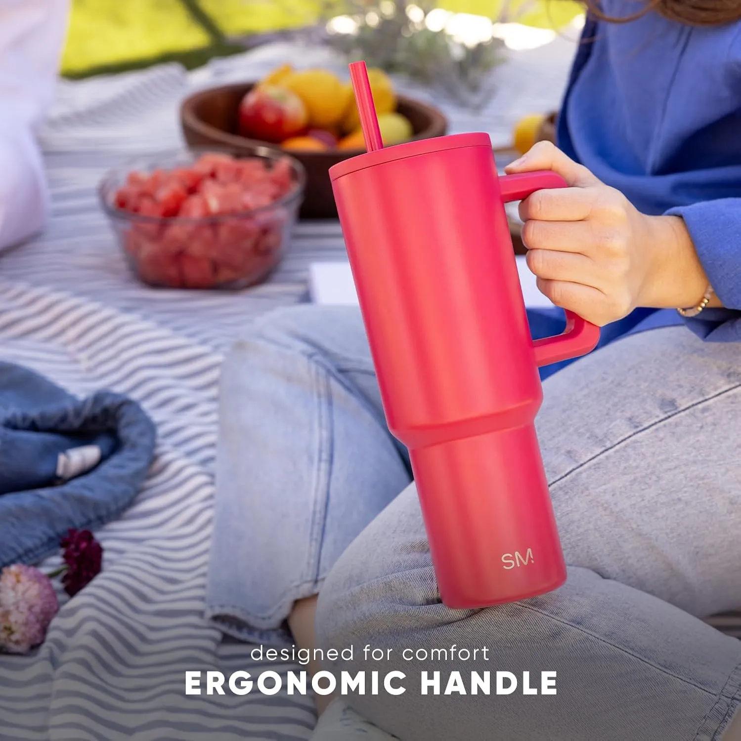 Simple Modern 40 oz Trek Tumbler with Handle and Straw Lid | Cup Holder Friendly Insulated Stainless Steel Travel Mug | Blush