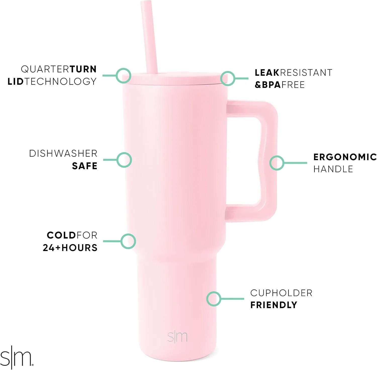 Simple Modern 40 oz Trek Tumbler with Handle and Straw Lid | Cup Holder Friendly Insulated Stainless Steel Travel Mug | Blush
