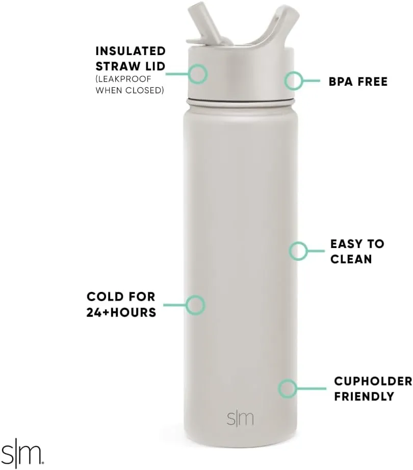 Simple Modern Water Bottle with Straw Lid Vacuum Insulated Stainless Steel Metal Thermos Bottles | Reusable Leak Proof BPA-Free Flask for Gym, Travel, Sports | Summit Collection | 22oz, Almond Birch