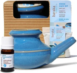 Sinus Care Kit: Complete Nasal Relief System with Ceramic Neti Pot, Essential Oil (5 ml), Mineral Salt Rinse (2 oz) - Ideal for Daily Nasal Cleansing, Congestion Relief & Sinus Health (Blue)