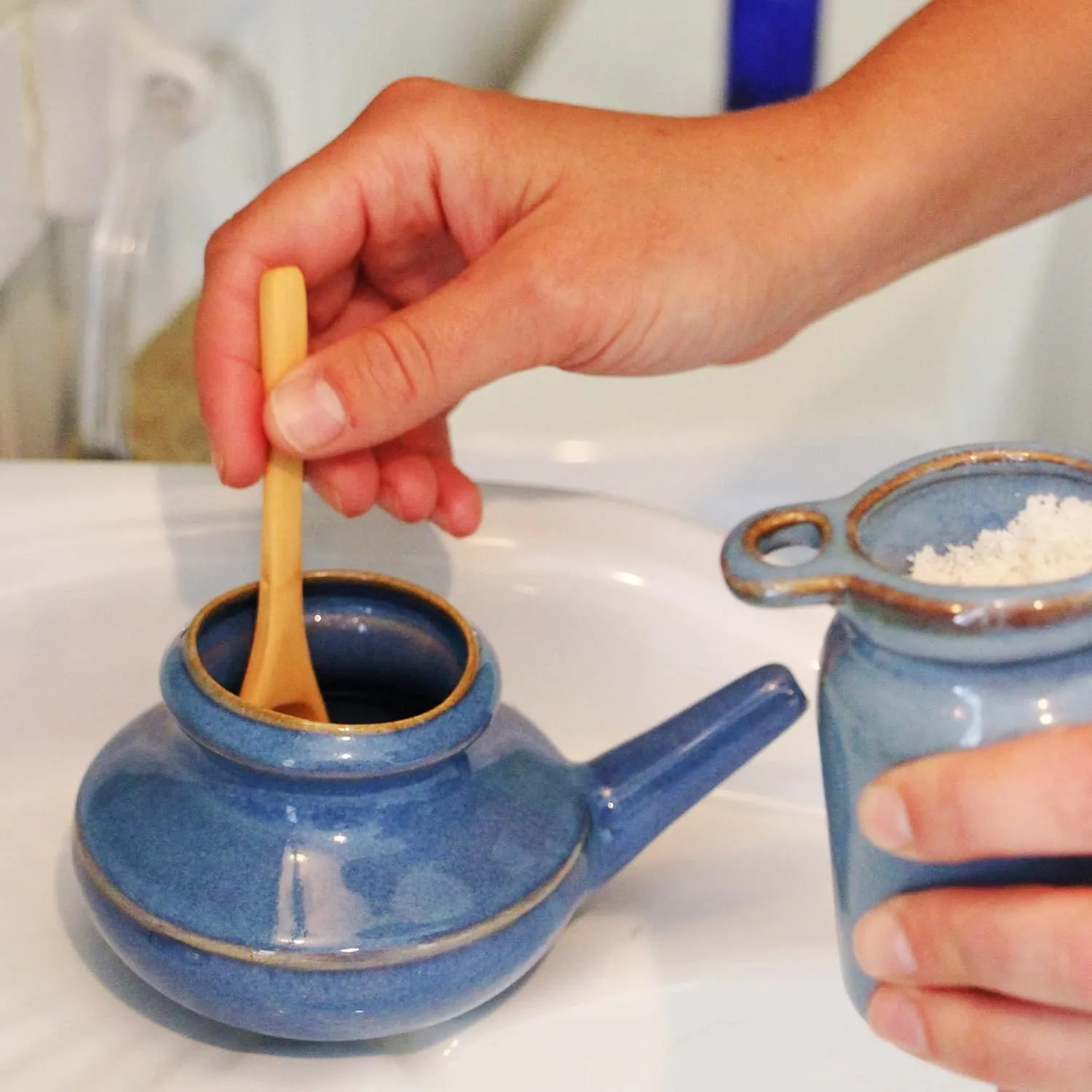 Sinus Care Kit: Complete Nasal Relief System with Ceramic Neti Pot, Essential Oil (5 ml), Mineral Salt Rinse (2 oz) - Ideal for Daily Nasal Cleansing, Congestion Relief & Sinus Health (Blue)