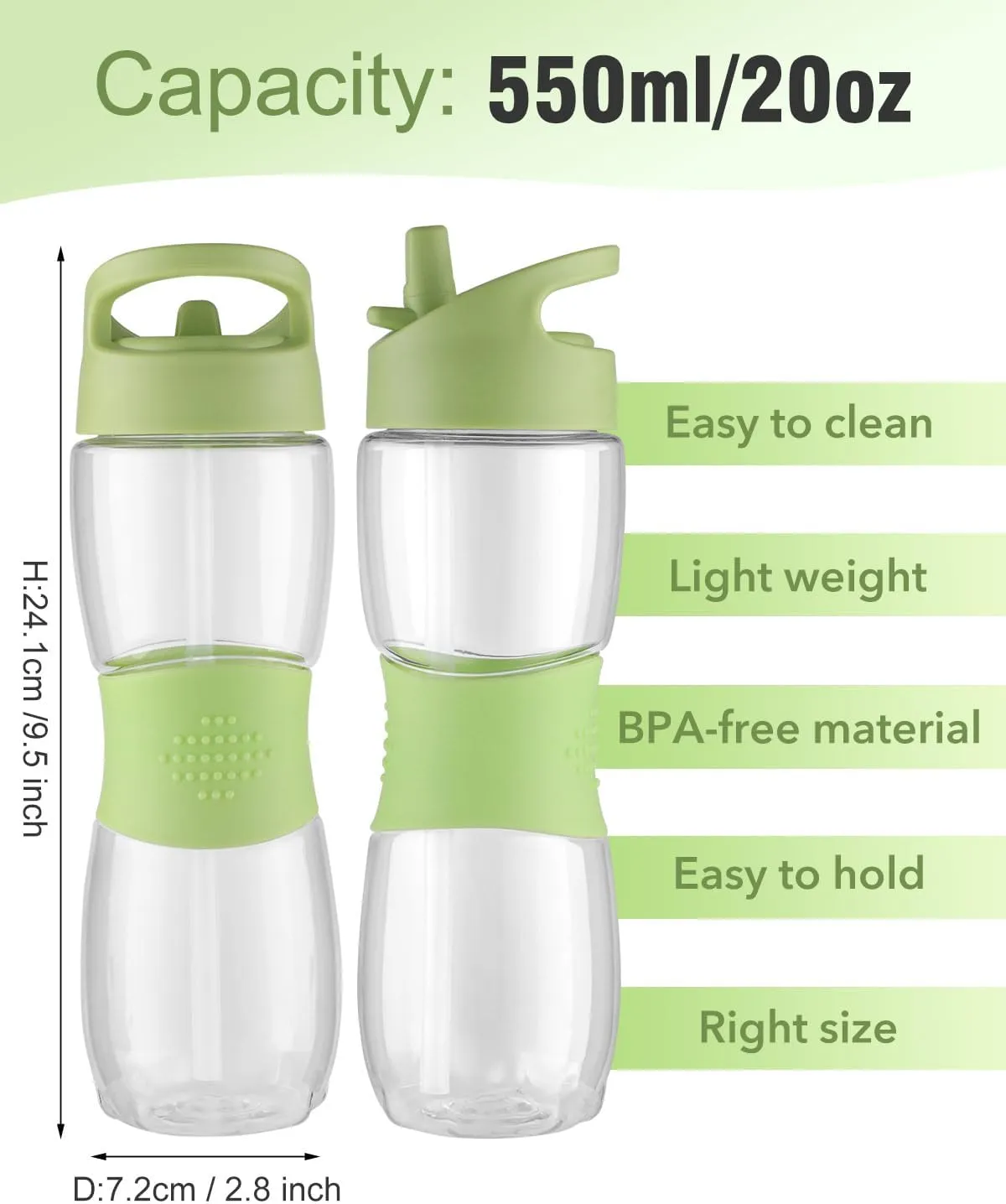 Sivaphe Clear Water Bottle with Straw 18 oz Portable Tritan Transparent Sports Drinking Bottle for School Girls Boys Green