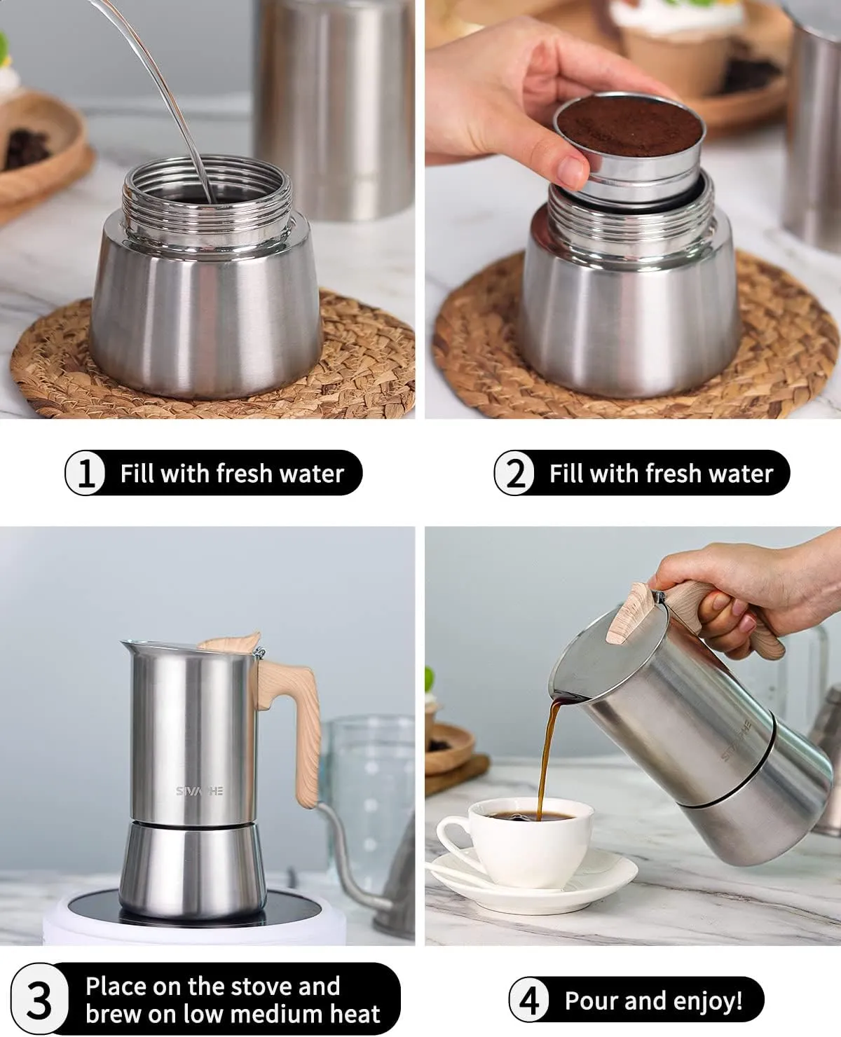 Sivaphe Stainless Steel Stovetop Espresso Coffee Maker, 6cups Espresso pot, 300ml Moka Campaing Coffee Pot, Induction Italian Mocha Pot with Step-by-step Instructions(1 Cup=50ml)
