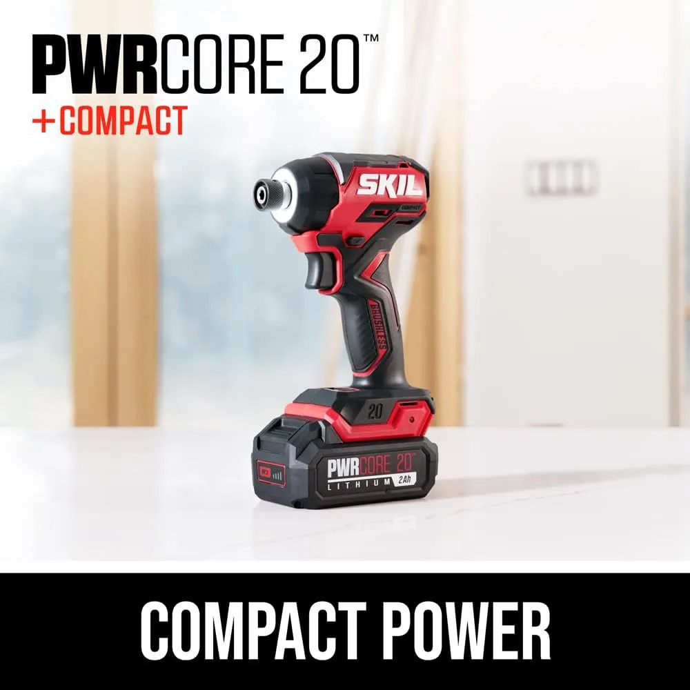 Skil PWR CORE 20 Brushless 20V 1/4" Hex Compact Impact Driver Kit with 3-Speed & Halo Light & One-Handed Collet Including 2.0Ah Battery and Charger- ID6739B-10