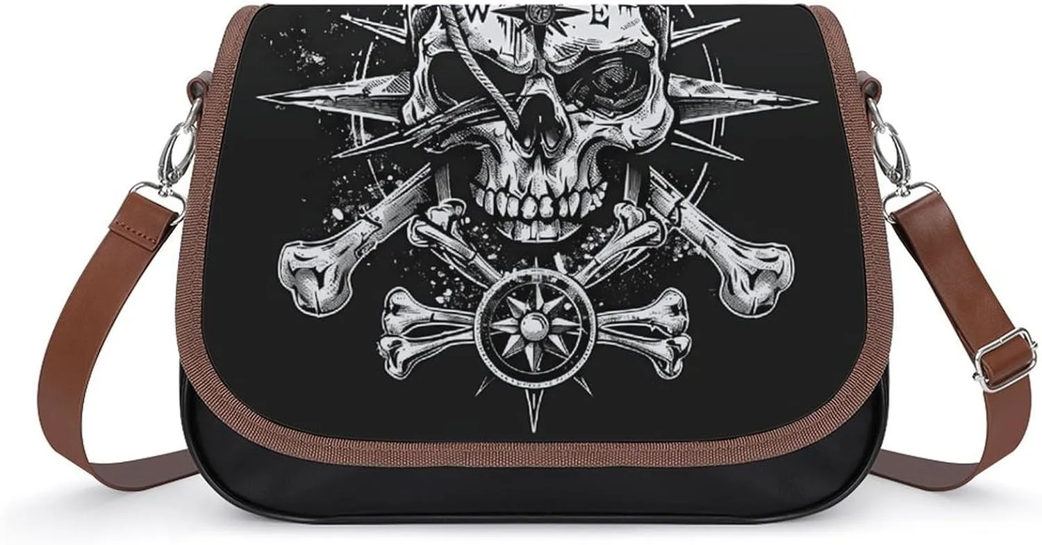 Skull Navigation Bones Compass Women's Crossbody Bag Leather Medium Shoulder Handbag Fashion Tote Purse with Adjustable Strap