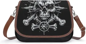 Skull Navigation Bones Compass Women's Crossbody Bag Leather Medium Shoulder Handbag Fashion Tote Purse with Adjustable Strap