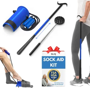 Sliq Sock Aids for Putting on Socks, Sock Assistant Device No Bending for Easy Dressing, Sock Helpers to Put on Your Socks for Seniors, Disabled, Men, Women, With Shoe Horn Long Handle, Back Scratcher