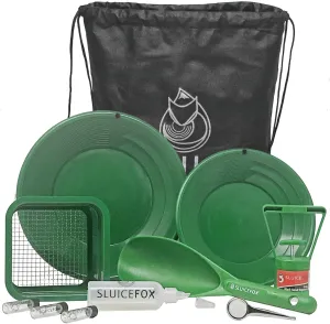 Sluice Fox Backpack Gold Prospecting kit with Classifier: Two Spiral Gold Pans, Plastic Gold Shovel or Pay Dirt Scoop and Black Sand Gold Separator Magnet