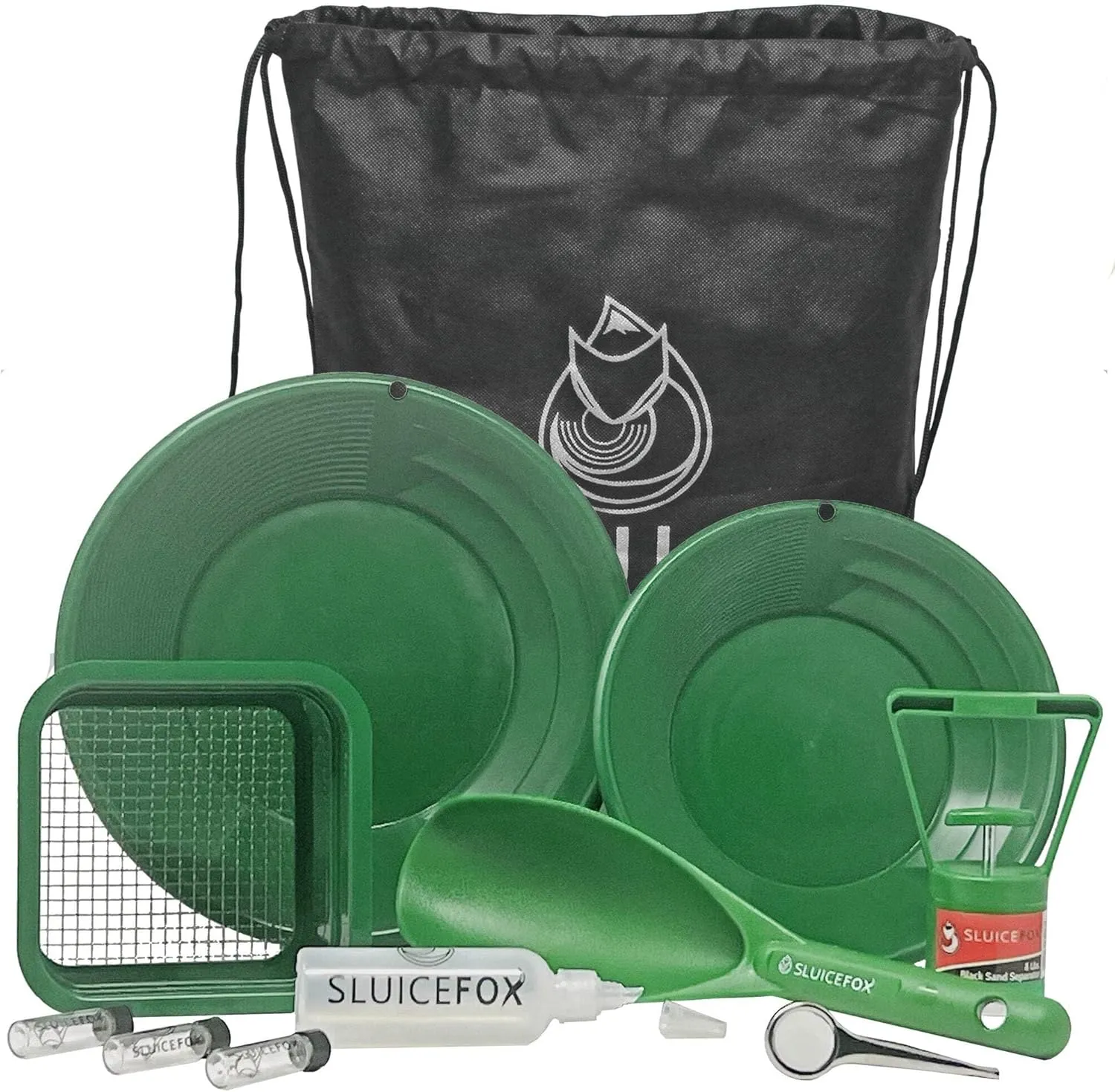 Sluice Fox Backpack Gold Prospecting kit with Classifier: Two Spiral Gold Pans, Plastic Gold Shovel or Pay Dirt Scoop and Black Sand Gold Separator Magnet