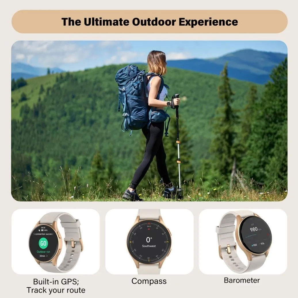 Smart Watch for Women, Built-in Alexa, GPS, HRV, VO2 Max, Blood Oxygen, Sleep & Stress Monitor, Compass, Altimeter, 1.32" AMOLED, Fitness & Women’s Health, iOS Compatible