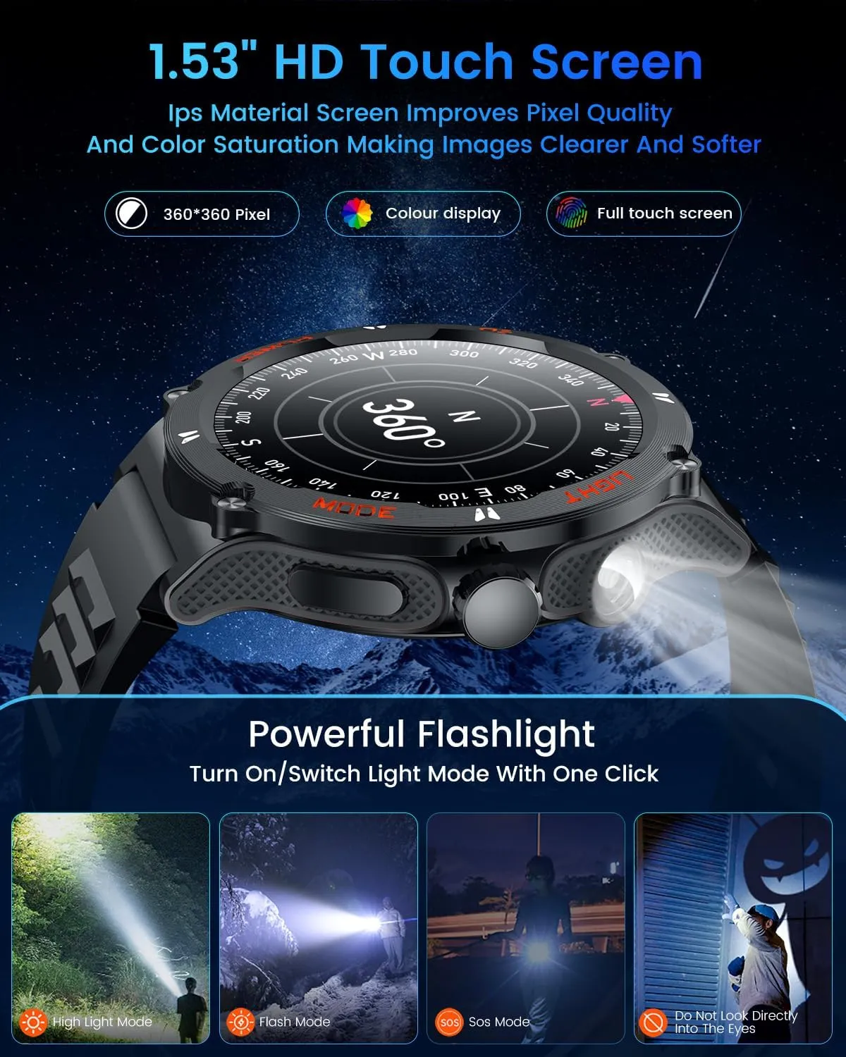 Smartwatch Men Fitness Tracker Watch: Smart Watches 1.53" Round Touchscreen 3ATM Waterproof LED Flashlight Bluetooth Call Heart Rate Blood Pressure Sport Step Pedometer Compass Compatible Android iOS