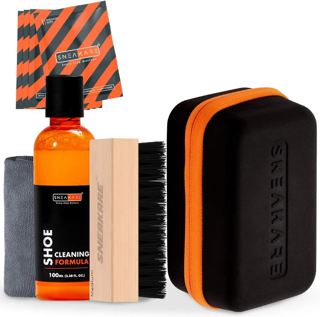 SNEAKARE Travel Shoe Cleaning Kit - Includes 100ml Shoe Cleaner & Medium Bristle Brush, White Shoe Cleaning Kit for Sneakers, Portable Shoe Cleaner Kit for Effective Sneaker Care - Perfect for Travel