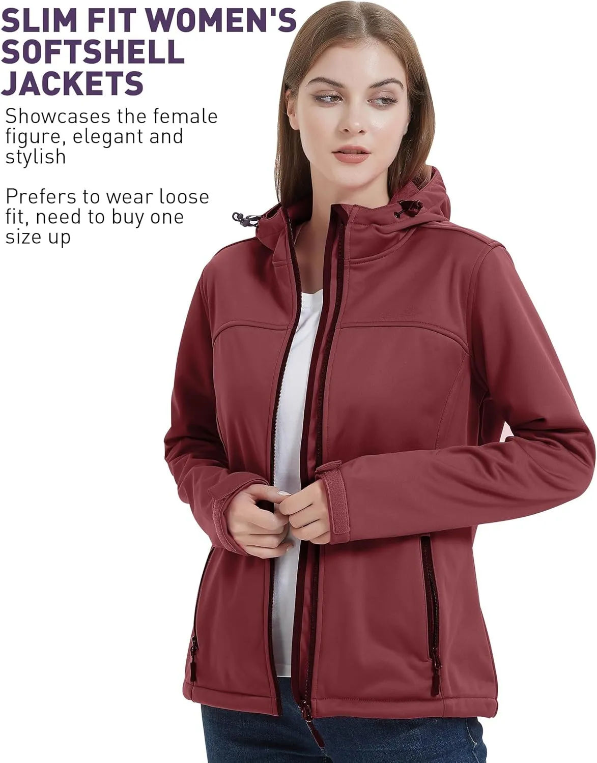 Softshell Jacket Women Fleece Lined Lightweight Jacket Waterproof Coat with Hooded Outdoor Hiking
