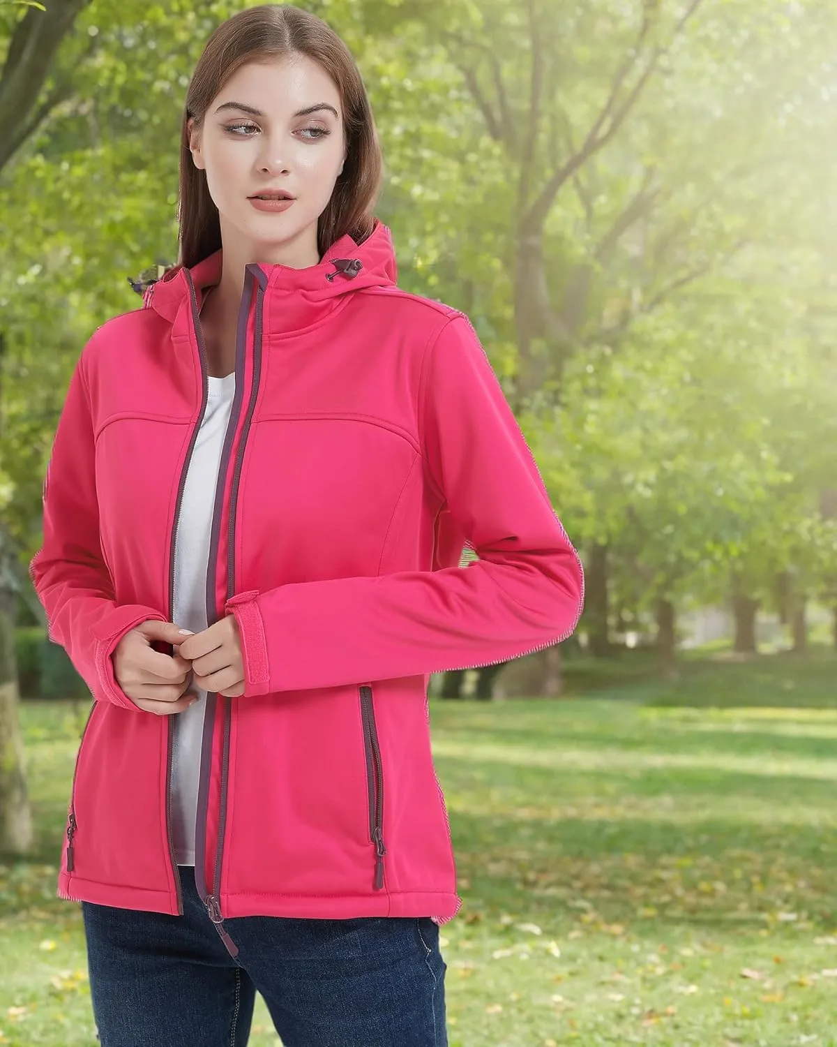 Softshell Jacket Women Fleece Lined Lightweight Jacket Waterproof Coat with Hooded Outdoor Hiking