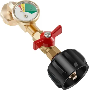 Solid Brass Propane Refill Adapter QCC1 Propane Refill Adapter with Valve and Gauge Reusable 90 Degrees Refill Pressure Adapter for Filling 1 lb Bottles Camping Grill