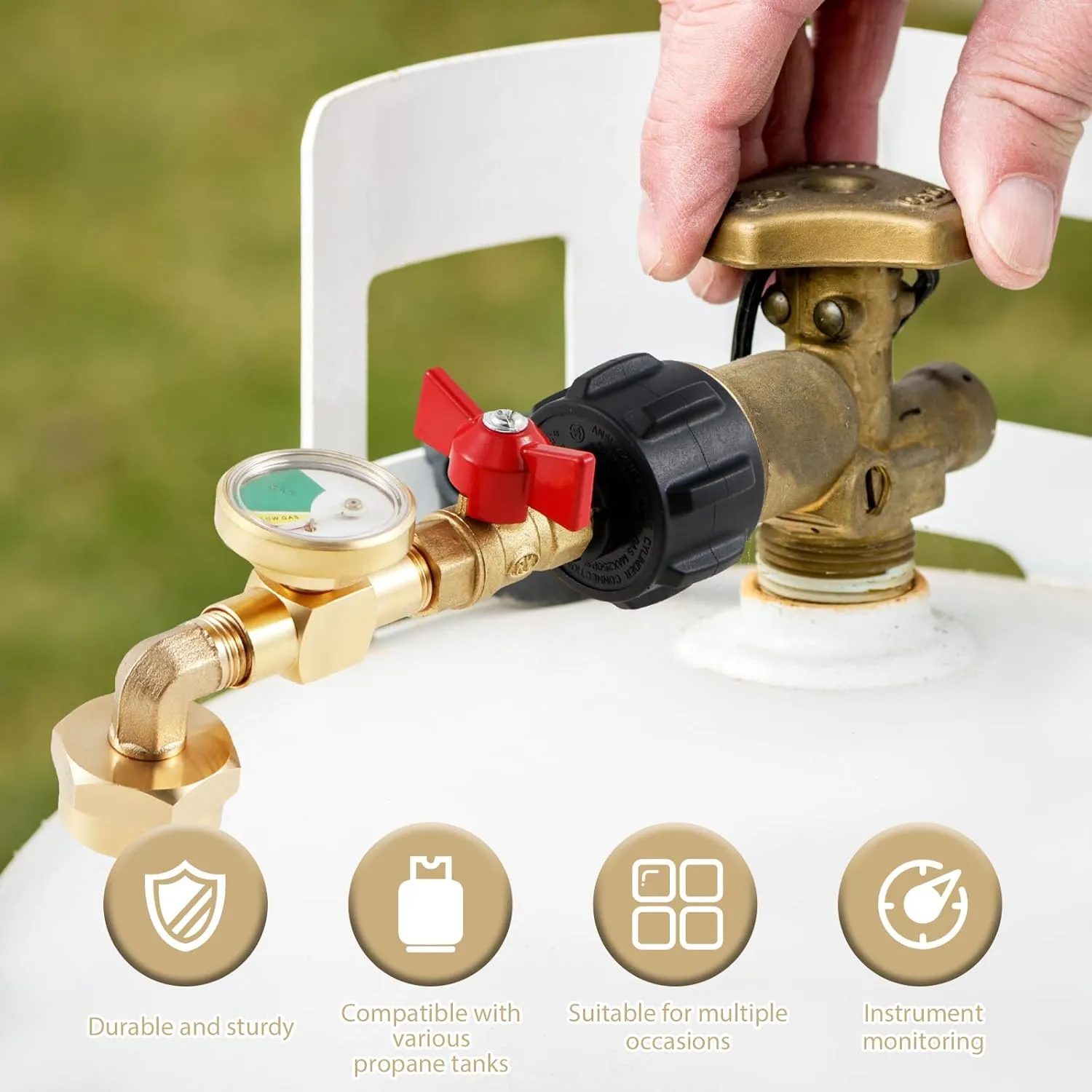 Solid Brass Propane Refill Adapter QCC1 Propane Refill Adapter with Valve and Gauge Reusable 90 Degrees Refill Pressure Adapter for Filling 1 lb Bottles Camping Grill
