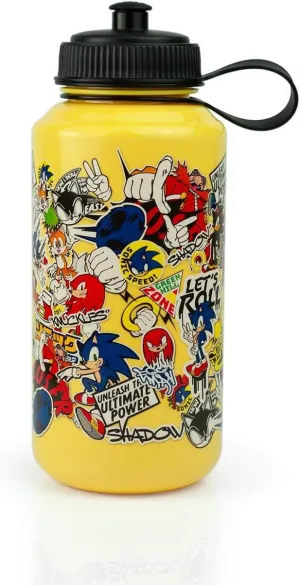 Sonic The Hedgehog Sticker Bomb Large Plastic Water Bottle | Unique Classic Yellow Water Bottle | Loaded With Sonic Artwork | Holds 32 Ounces