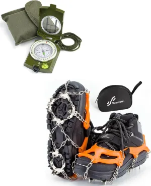 Sportneer Compass Military Grade Compass Hiking Survival with Sighting Mirror   Crampons Ice Cleats for Shoes Boot with 19 Stainless Steel Spikes for Hiking Walking