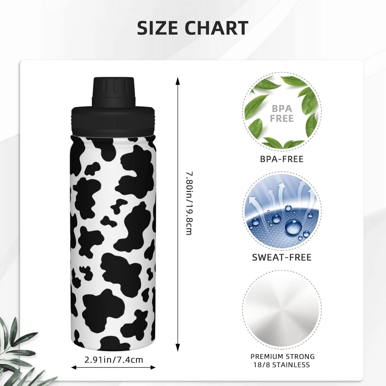 Sports Water Bottle Black and White Cow Print Insulated Stainless Steel Water Bottles, 18 oz Water Cup Flask for Fitness Outdoor Sports Hiking Cycling