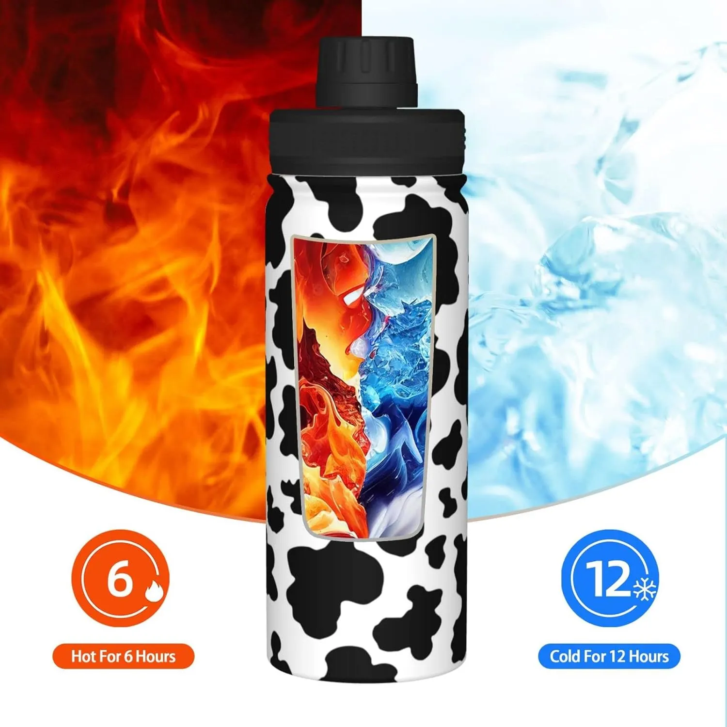Sports Water Bottle Black and White Cow Print Insulated Stainless Steel Water Bottles, 18 oz Water Cup Flask for Fitness Outdoor Sports Hiking Cycling