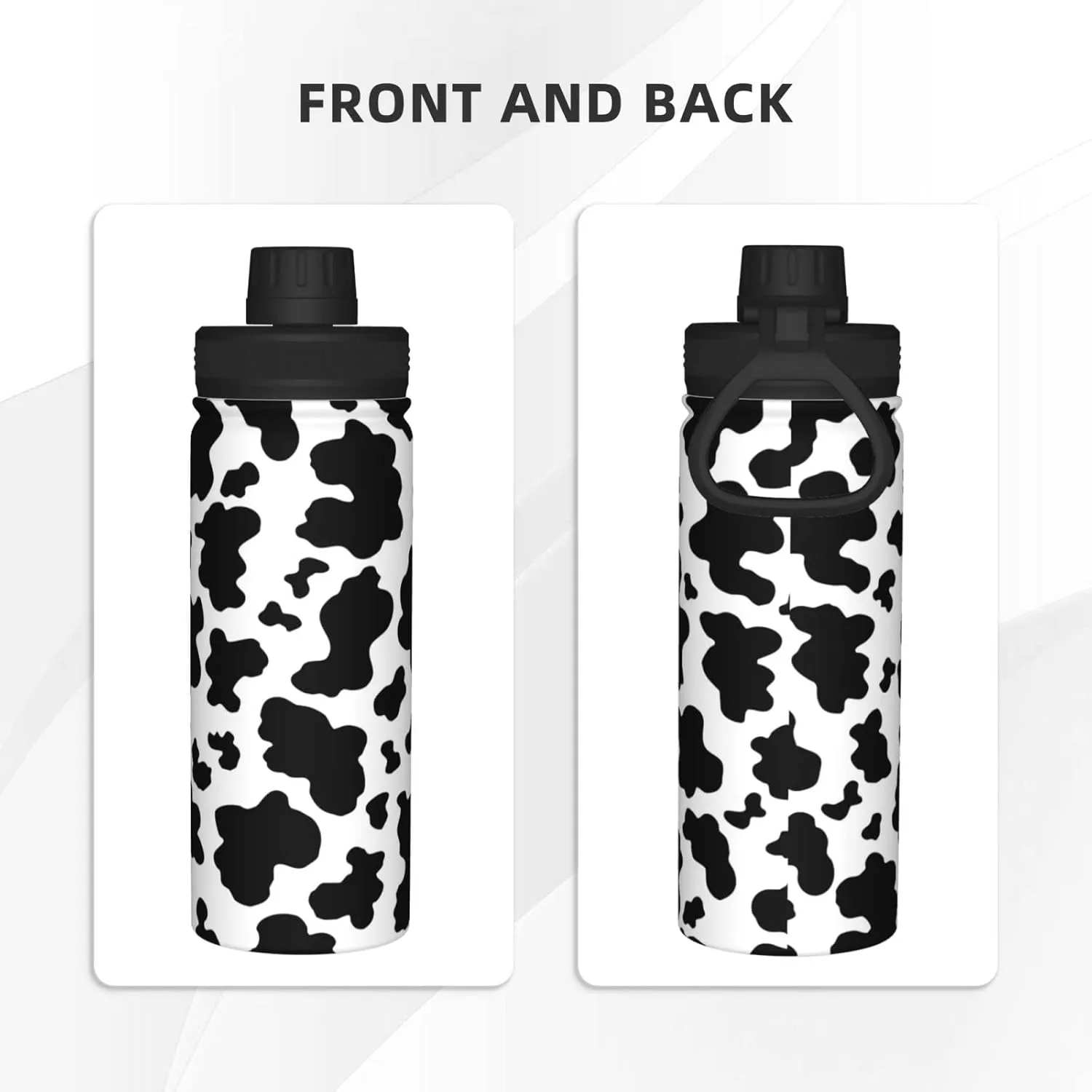 Sports Water Bottle Black and White Cow Print Insulated Stainless Steel Water Bottles, 18 oz Water Cup Flask for Fitness Outdoor Sports Hiking Cycling