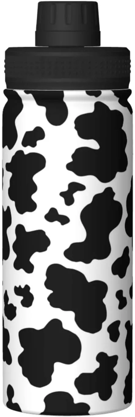 Sports Water Bottle Black and White Cow Print Insulated Stainless Steel Water Bottles, 18 oz Water Cup Flask for Fitness Outdoor Sports Hiking Cycling