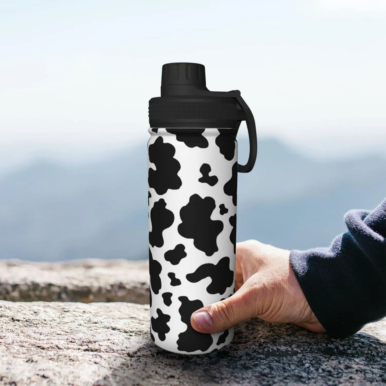 Sports Water Bottle Black and White Cow Print Insulated Stainless Steel Water Bottles, 18 oz Water Cup Flask for Fitness Outdoor Sports Hiking Cycling