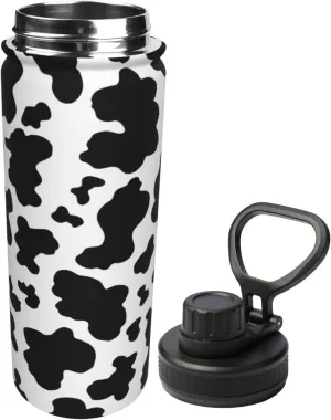 Sports Water Bottle Black and White Cow Print Insulated Stainless Steel Water Bottles, 18 oz Water Cup Flask for Fitness Outdoor Sports Hiking Cycling
