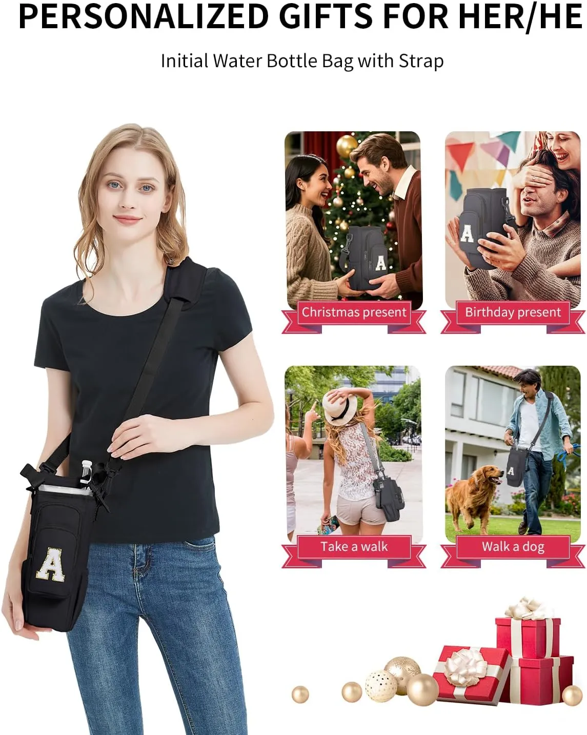 sportsnew Birthday Gifts for Women Personalized Initial Water Bottle Holder with Strap fits Most 40oz Tumbler with Handle Water Bottle Carrier Bag with Phone Pocket & Straw Topper Tumbler Accessories