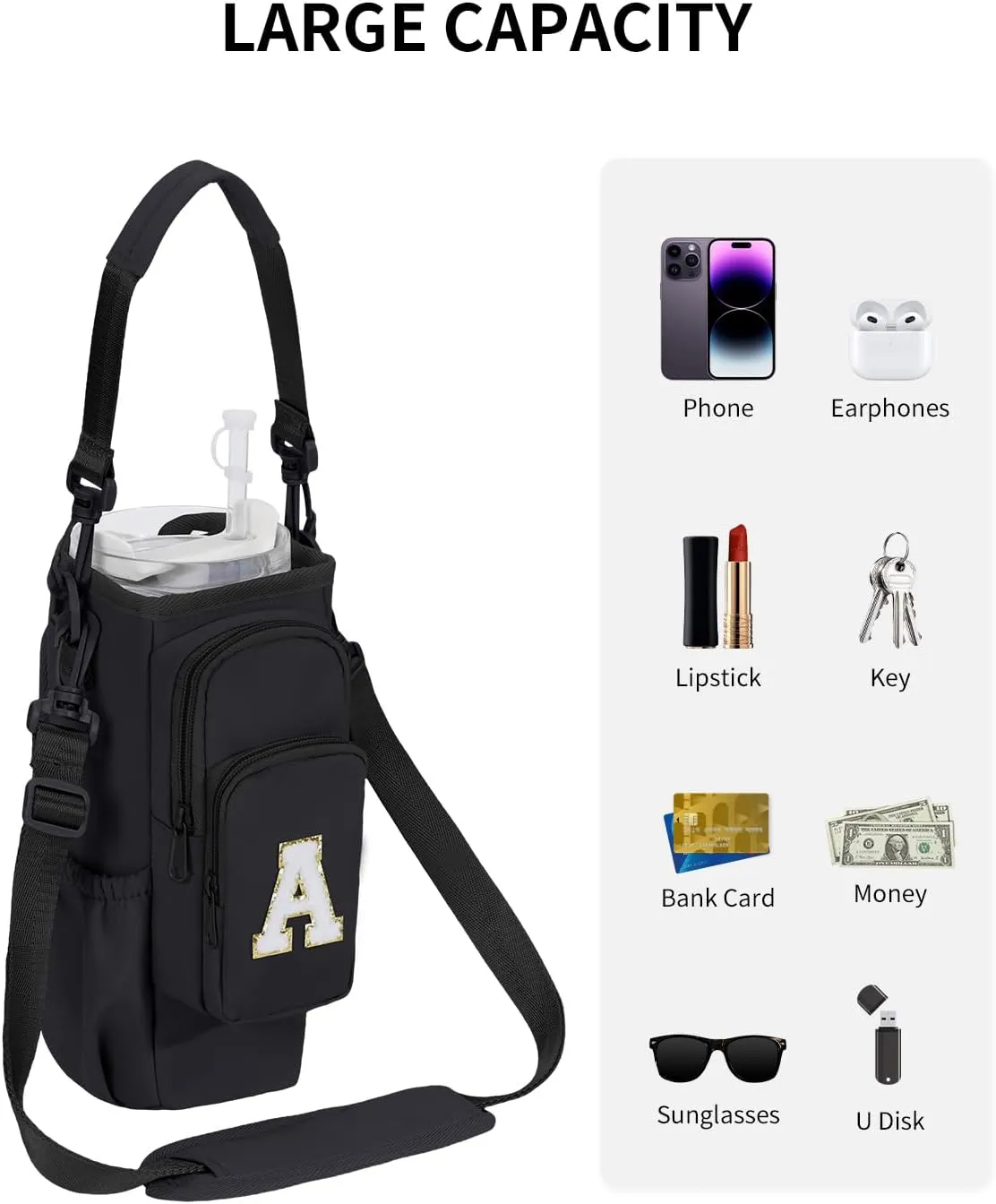 sportsnew Birthday Gifts for Women Personalized Initial Water Bottle Holder with Strap fits Most 40oz Tumbler with Handle Water Bottle Carrier Bag with Phone Pocket & Straw Topper Tumbler Accessories