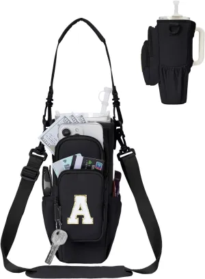 sportsnew Birthday Gifts for Women Personalized Initial Water Bottle Holder with Strap fits Most 40oz Tumbler with Handle Water Bottle Carrier Bag with Phone Pocket & Straw Topper Tumbler Accessories