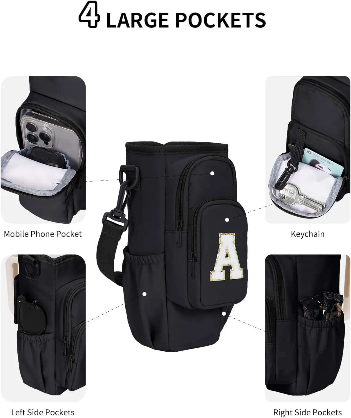 sportsnew Birthday Gifts for Women Personalized Initial Water Bottle Holder with Strap fits Most 40oz Tumbler with Handle Water Bottle Carrier Bag with Phone Pocket & Straw Topper Tumbler Accessories