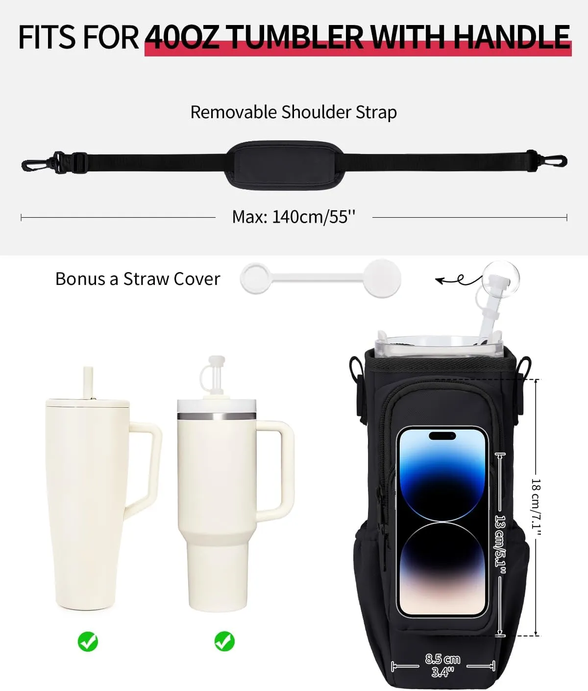 sportsnew Birthday Gifts for Women Personalized Initial Water Bottle Holder with Strap fits Most 40oz Tumbler with Handle Water Bottle Carrier Bag with Phone Pocket & Straw Topper Tumbler Accessories