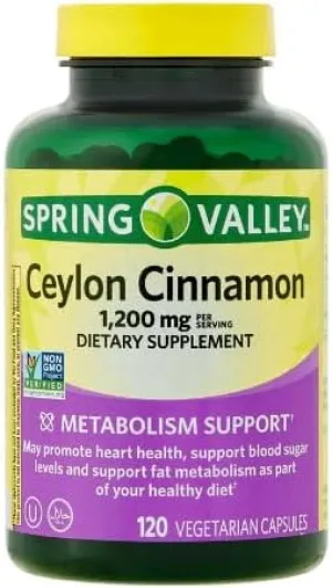 Spring Valley Ceylon Cinnamon Metabolism Support Dietary Supplement Vegetarian Capsules, 1,200 mg, 120 Count   Sticker.