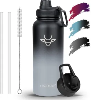 STACEGEELE 40oz Insulated Water Bottle with Straw 18/8 Stainless Steel Water Bottle with 2 Lids Metal Water Bottle Large Flask Vacuum Double Walled Reusable Leak Proof 40oz(1180ml Black Grey)