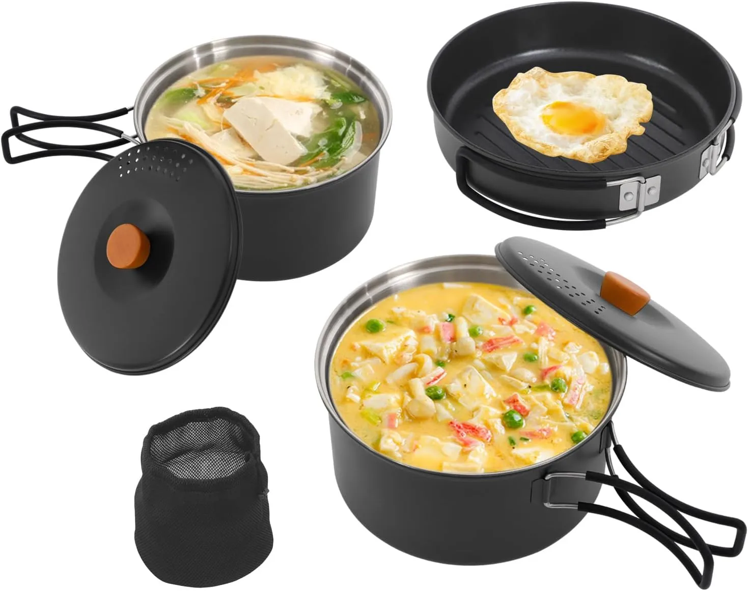 Stainless Steel Camping Cookware Mess Kit, Camping Pots and Pans Set with Storage Bag, Camping Cooking Set for Outdoor Cooking Backpacking Camping Hiking Picnic, Black
