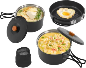 Stainless Steel Camping Cookware Mess Kit, Camping Pots and Pans Set with Storage Bag, Camping Cooking Set for Outdoor Cooking Backpacking Camping Hiking Picnic, Black