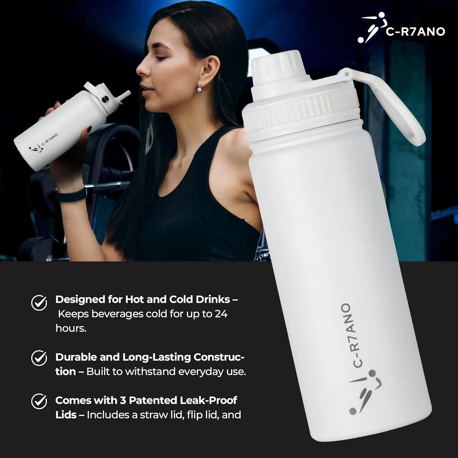 Stainless Steel Insulated Water Bottle with 2 Lids (Straw & Spout) – Double-Walled Vacuum Flask for Sports, Hiking & Travel – Leak-Proof & BPA-Free