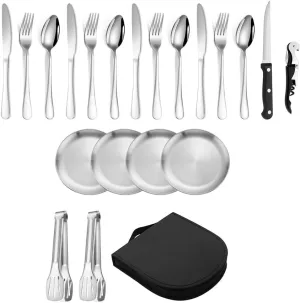 Stainless Steel Silverware Cutlery Set,20 Piece Tableware Set,Includes Knife/Forks/Spoons/plates/clips Set for 4 People,Ideal for Outdoor Barrack Barbecue (Silver)