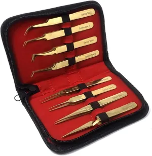 Stainless Steel Straight and Curved Tip Tweezers 8 Pcs Nippers for Eyelash Extensions and Nail Art Sticker Rhinestone Eyelash Picker Acrylic Gel Nail DIY Art Gold Color
